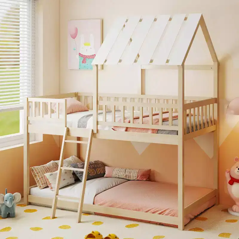 Twin Over Twin House Bunk Bed with Roof, Ladder & Full-length Guardrails for Kids Natural/White