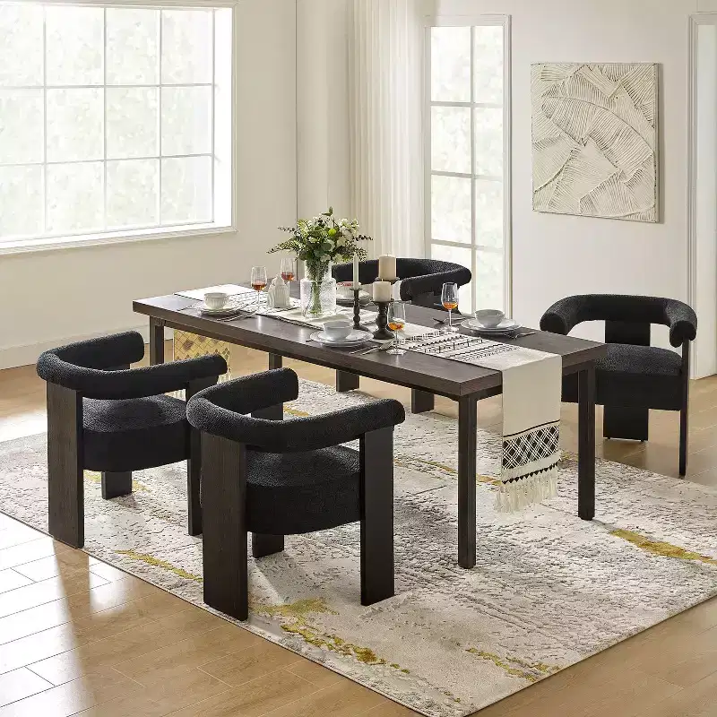 Boucle Dining Chair Set of 4 with Round Solid Back