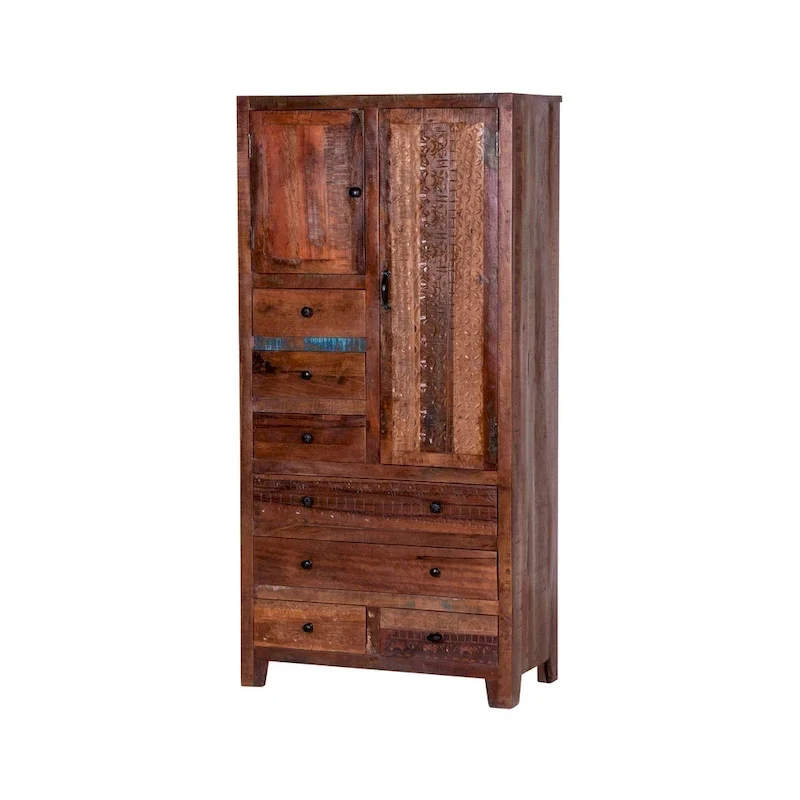 Antique White / Brown Solid Wood Armoire with 7 Drawers & 2 Doors