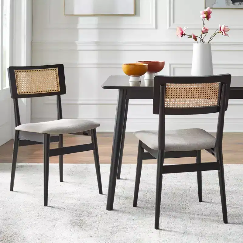 Lifestorey Whitney Mid Century Modern Solid Wood Cane Back Dining Chair Black/Natural/Gray: Mid-Century Modern, Rubberwood Frame, Set of 2
