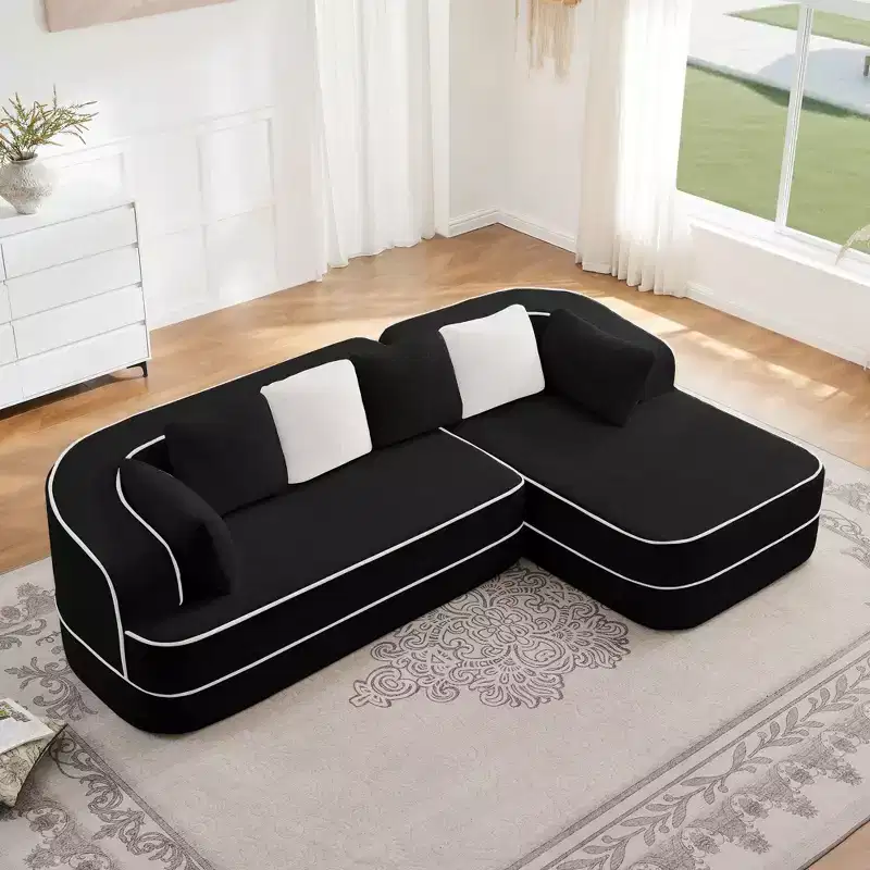 106 Teddy Fabric No Assembly 32D Boneless Sofa,Contrast color design,Fluffy Comfy Couch with L-Shaped Chaise,for Living Room,White