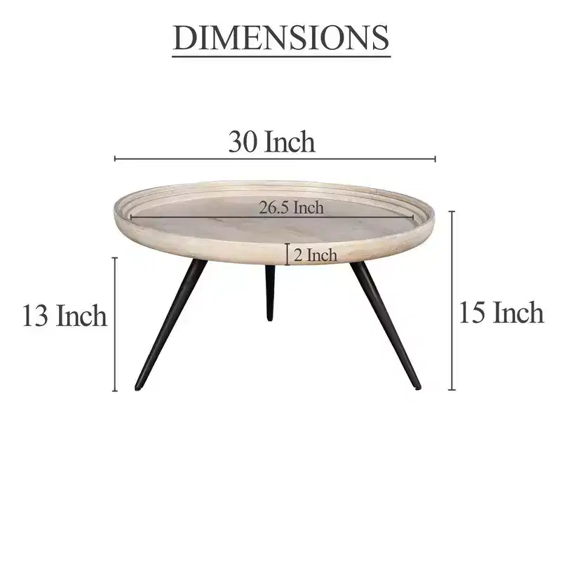 Coffee Table Round Tray Top Handcrafted Washed White Mango Wood, 30 Inch