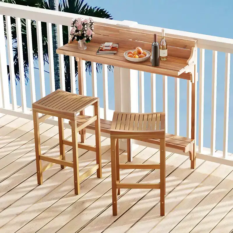Costway 3 PCS Acacia Wood Balcony Table Set w/ Shelf Footrest Curved Wood Seat