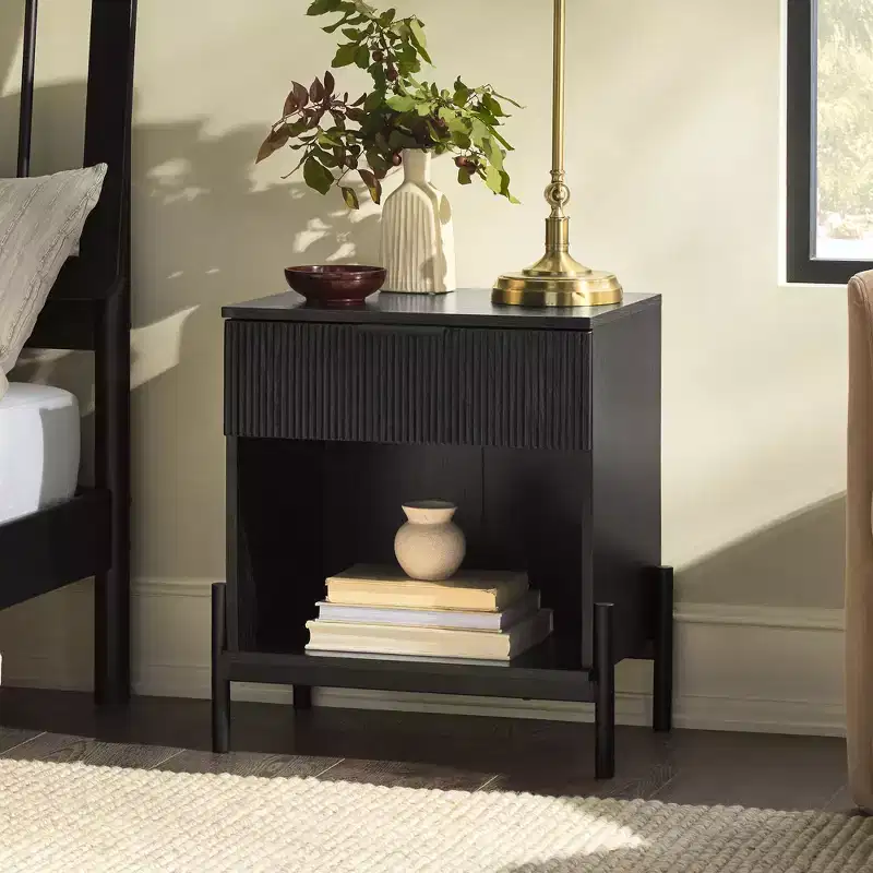 Modern Fluted-Drawer Nightstand with Open Cubby C Black