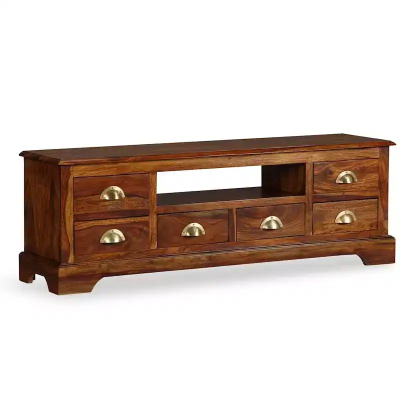 vidaXL Solid Sheesham Wood TV Stand with Honey Finish, Large Open Compartment and 6 Spacious Drawers, Handmade and Elegant Design