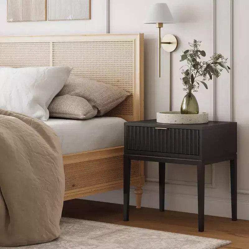 Fluted Wood Nightstand with Drawer - Black