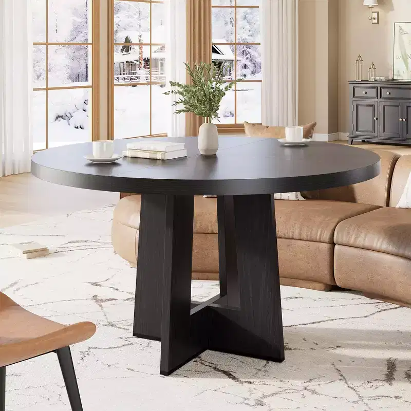 Modern 47 Inch Round Dining Table for 4 to 6, Kitchen Dinner Table with Sturdy Pedestal Base, Space Saving Circle Dining Room Table for Small Spaces