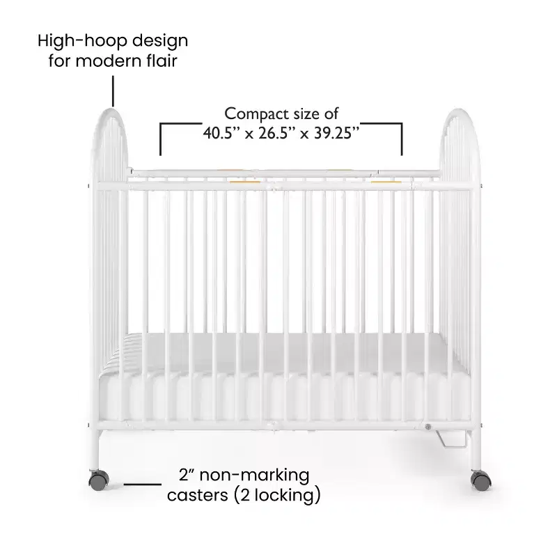 Child Craft Sweet Dreamer Arched Compact Folding Portable Crib with 3 Crib Mattress & 2 Locking Wheels, Durable Construction, Easy to Clean (White)