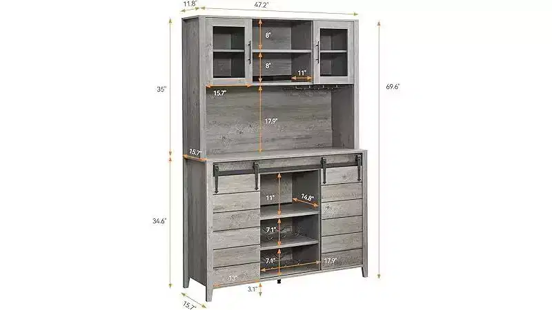 Acekool 70'' Farmhouse Coffee Bar Cabinet, Kitchen Hutch Storage with Sliding Barn Door, Buffet Sideboard with Wine Rack & Glass Slots