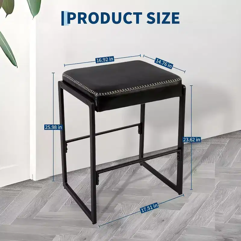 17in Saddle Bar Stool, Counter Height Chair with Waxed PU Leather Seat and Footrest for Kitchen Island Hallway Entryway Vanity Table Sofa Side, Black