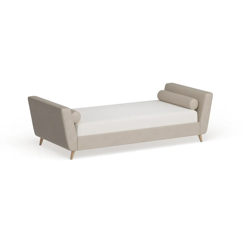 Mid-Century Modern Twin Daybed with Linen Upholstery, Tapered Legs & 2 Bolster Pillows, 450 lb