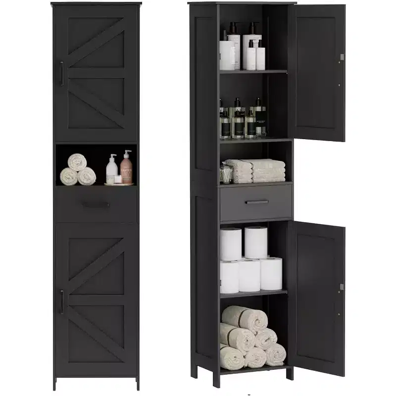 Dcolora 67 H Tall Bathroom Storage Cabinet with 2 Barn Doors and 1 Drawer, Narrow Storage Unit, Adjustable Shelves, Floor Cabinet for Bathroom