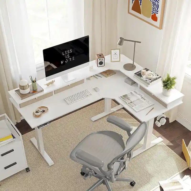 L-Shaped Electric Standing Desk with 3 Drawers & Lockable Casters, 63