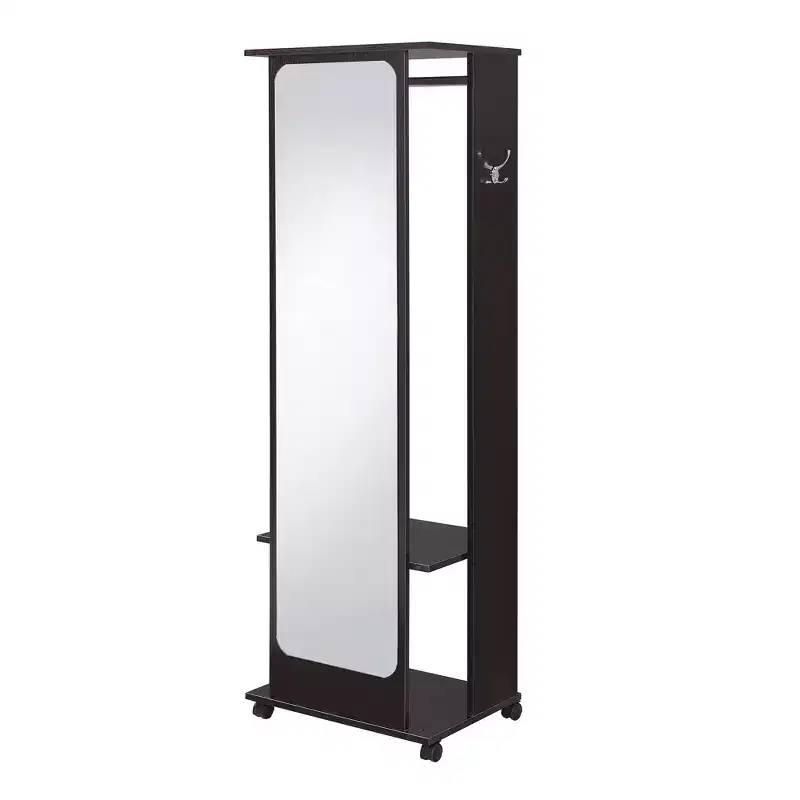 Royal Hampton Mirror and Wood Hall Tree with Hanging Rod and Casters, Brown and Silver