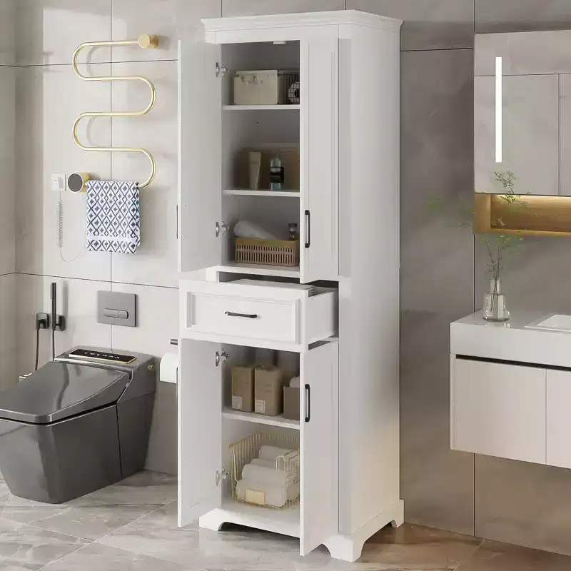 Freestanding Bathroom Storage Cabinet with Drawer, Adjustable Shelves, Damping Hinge Doors, Durable Painted Finish, White