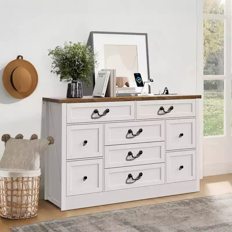 9 Drawer Dresser with Charging Station, 54 Wide Wood Dresser with Metal Handle, Vintage TV Stand, Chest of Drawers