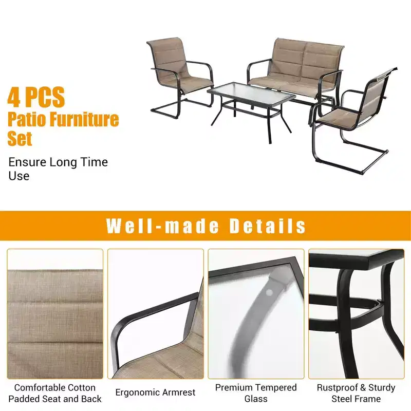 Costway 4PCS Patio Conversation Set Cotton Padded Furniture Set w/ Swing Glider Loveseat