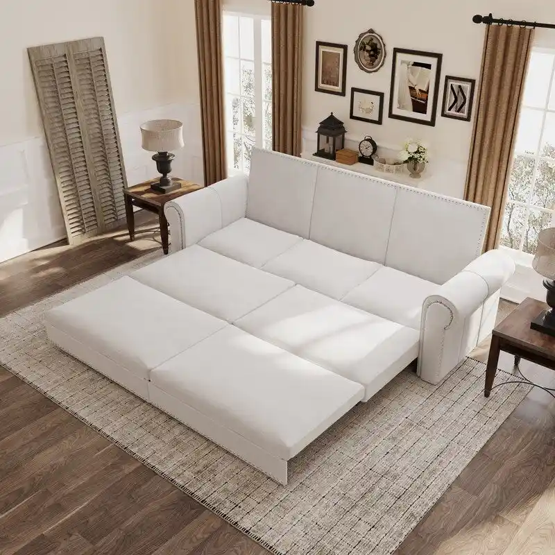 Chesterfield Sofa Bed, King Pull Out Sofa Bed, Velvet/Faux Leather Convertible Sleeper Sofa w/ Nailhead Trim & Rolled Arm