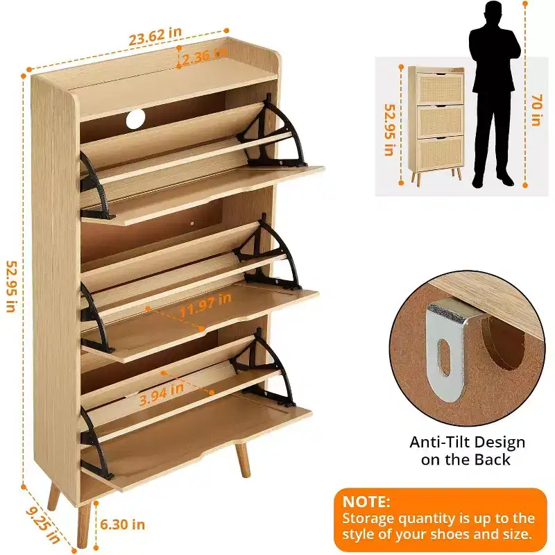COZONY Flip-Drawer Shoe Cabinet with Woven Rattan, 3-Tier Narrow Storage Organizer, Space-Saving Entryway Bench for Hallway Porch