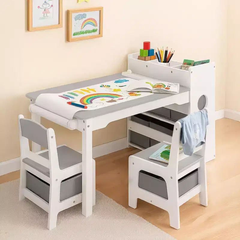 3-in-1 Kids Table & 2 Chairs with Storage, Removable Top & Blackboard, for Art, Crafts, Reading