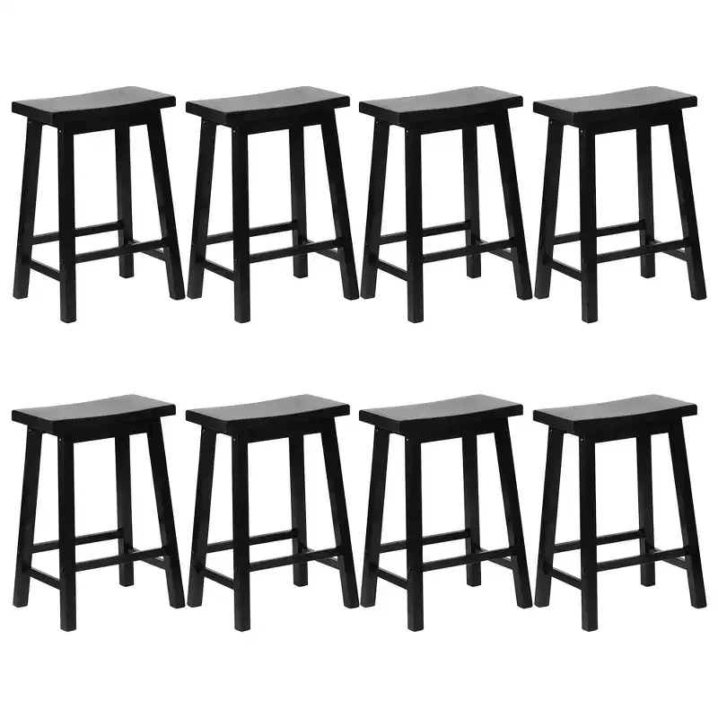 PJ Wood Classic Saddle-Seat 24 Tall Kitchen Counter Stools for Homes, Dining Spaces, and Bars w/Backless Seats, 4 Square Legs, Black (Set of 8)