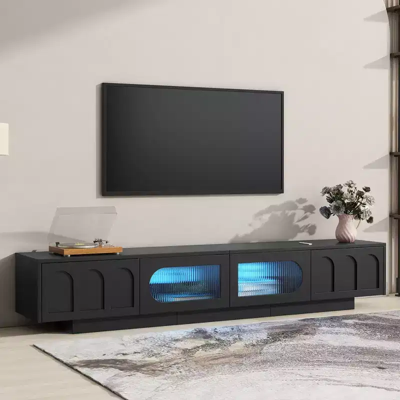 JVNOXK Tempered glass door TV cabinet with grooves, suitable for TVs up to 95 inches, functional media console, suitable for living rooms, Black