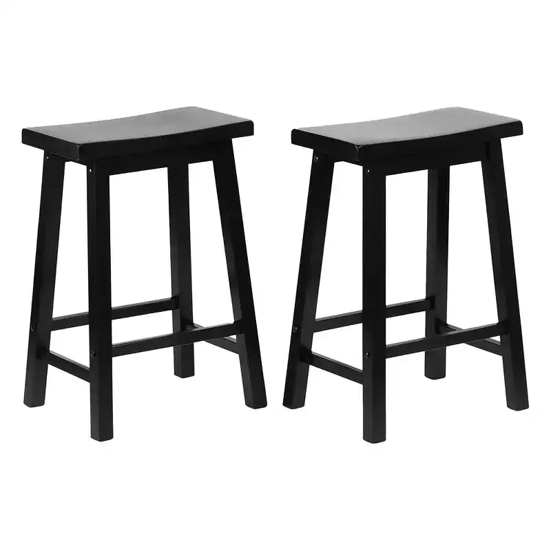 PJ Wood Classic Saddle-Seat 24 Tall Kitchen Counter Stools for Homes, Dining Spaces, and Bars w/Backless Seats, 4 Square Legs, Black (Set of 8)