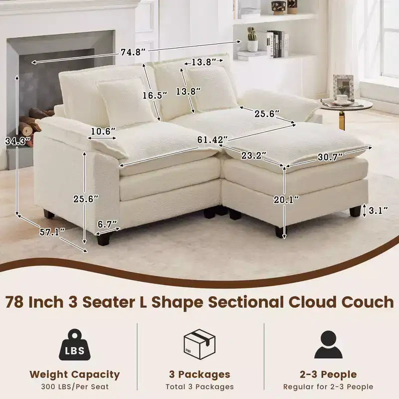 74.8 in. Chenille Fabric 3 seat Sectional Sofa with Ottoman