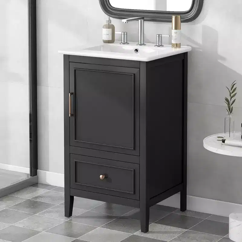 30 Small Bathroom Vanity Sink Combo with Storage , Wood Bathroom Floor Cabinet with Drawers and Door, Black