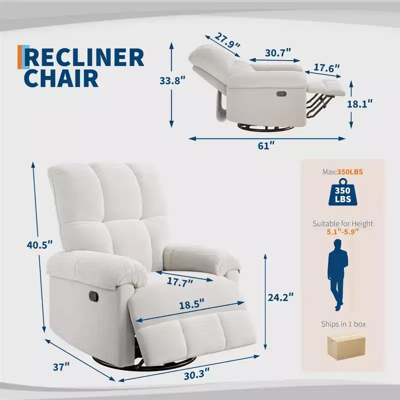 Manual Recliner Sofa Chair, 360 Degree Swivel Rocker Glider Recliner with Padded Armrests, Upholstered Reclining Chair for Living Room