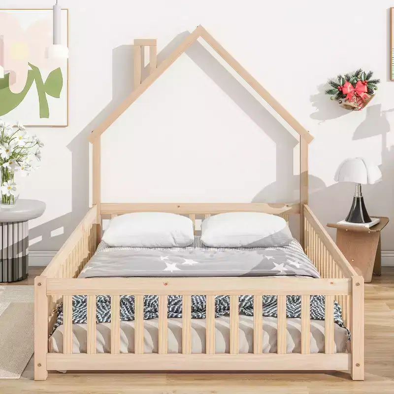 Full Size Kids House Shaped Bed with Guardrail, Wood Floor Bed Frame with Fence for Bedroom