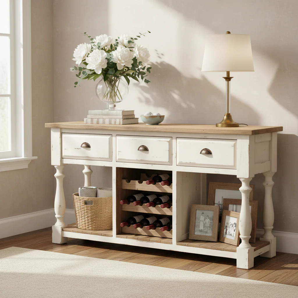 Reclaimed Pine Console with Wine Rack & 3 Drawers – White Chalk & Natural Top, Farmhouse Style