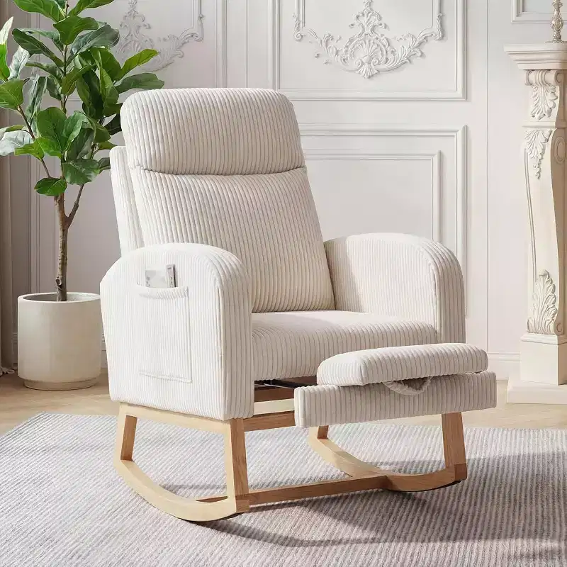 Cozy Upholstered Glider Rocker with Adjustable Footrest & Side Pocket, Modern Nursery Accent Chair for Living Room