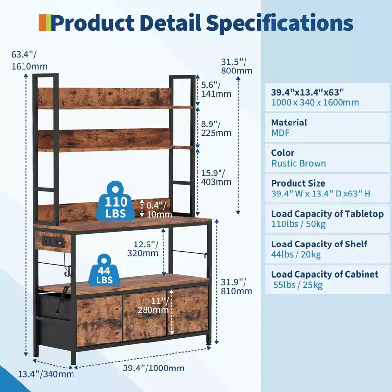 5-Tier Vintage Brown Kitchen Bakers Rack with Charging Station & Drawers C Industrial Microwave Stand/Farmhouse Coffee Bar for Kitchen/Office