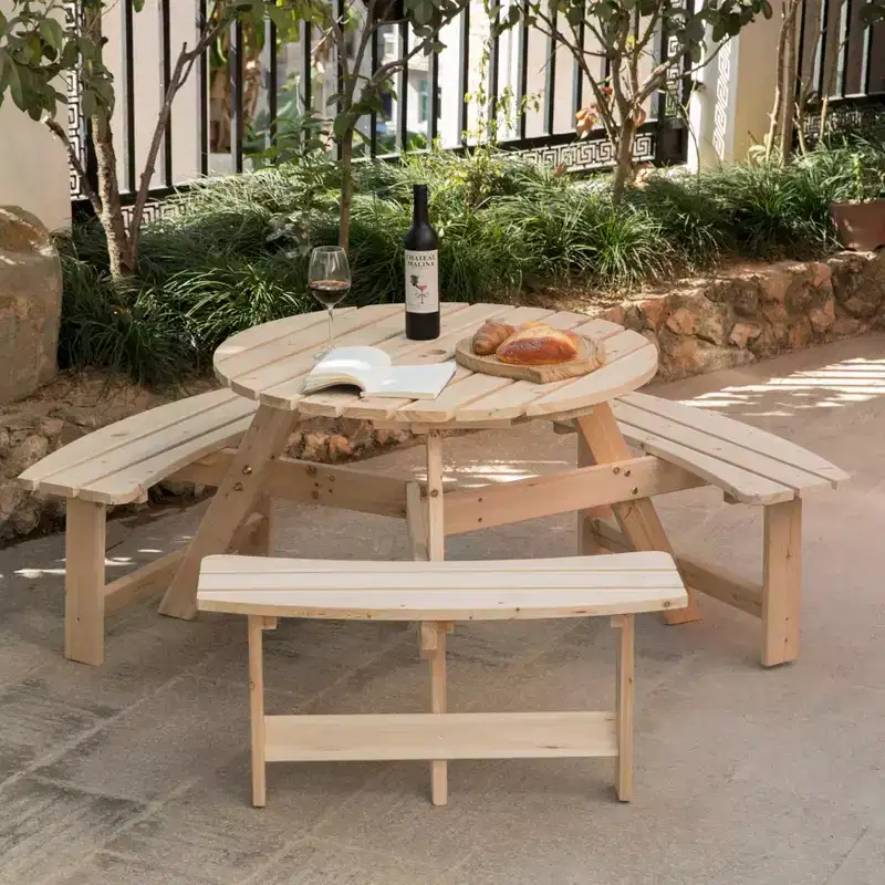 GardenisedWooden Outdoor Round Picnic Table with Bench for Patio, 6- Person with Umbrella Hole
