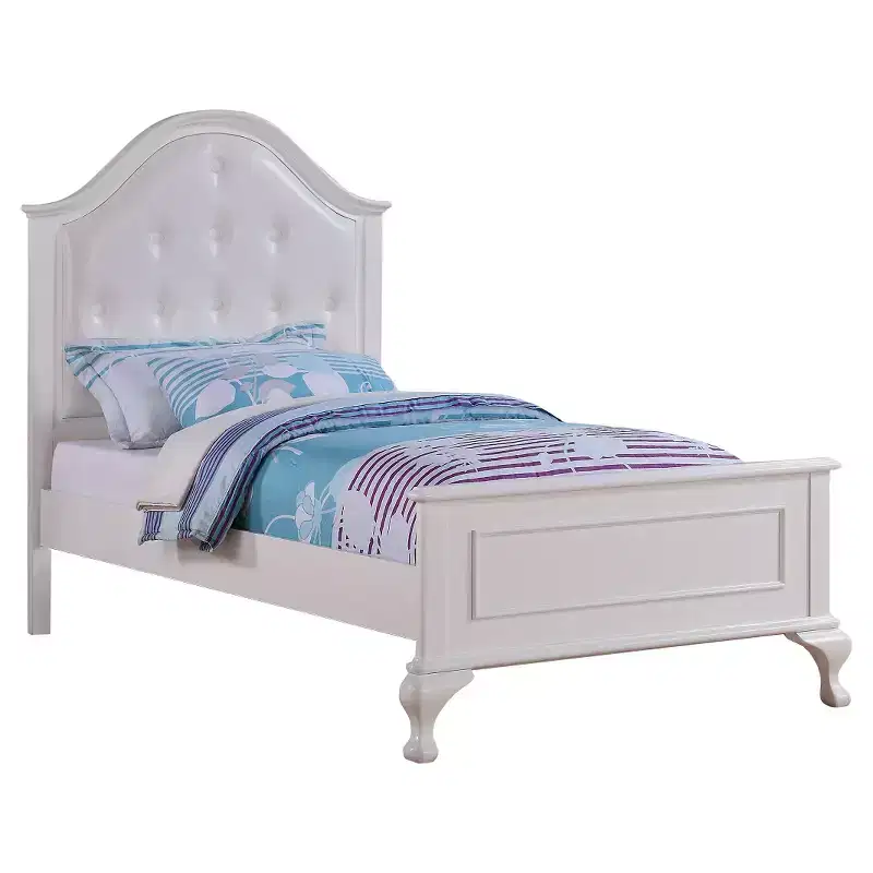 Isabella Youth Bed with Faux Leather Headboard Twin White: Arched Feet, Moldings - Picket House Furnishings