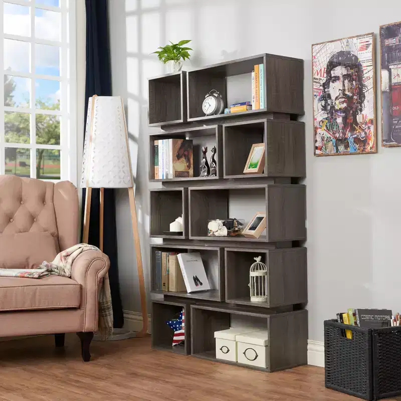 Willett 65.25" Contemporary Decorative Display Cabinet Distressed Gray - HOMES: Inside + Out: Modern Maze-Style Shelving, Open Back