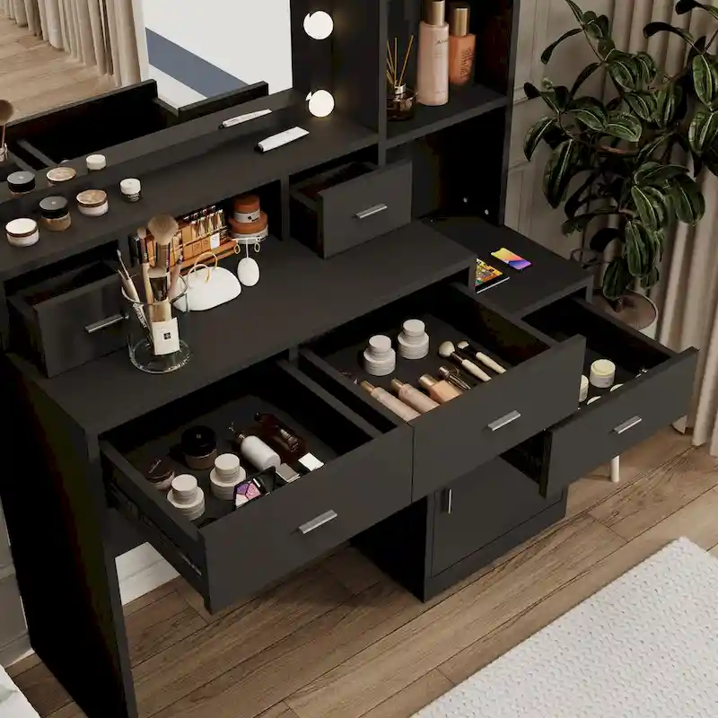 Black Vanity Dressing Table with Lights & Drawers, 1-Person