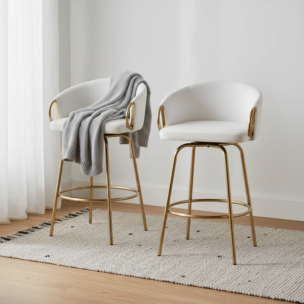 Counter Height Barstools Gold/Cream - Fixed-Height, Swivel, Velvet Upholstery