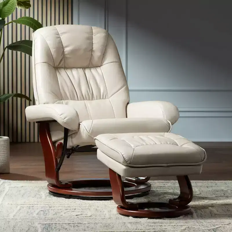 BenchMaster Kyle Taupe Faux Leather Recliner Chair Modern Armchair Ottoman Footrest Ergonomic Manual Reclining Swivel for Bedroom Living Room Reading