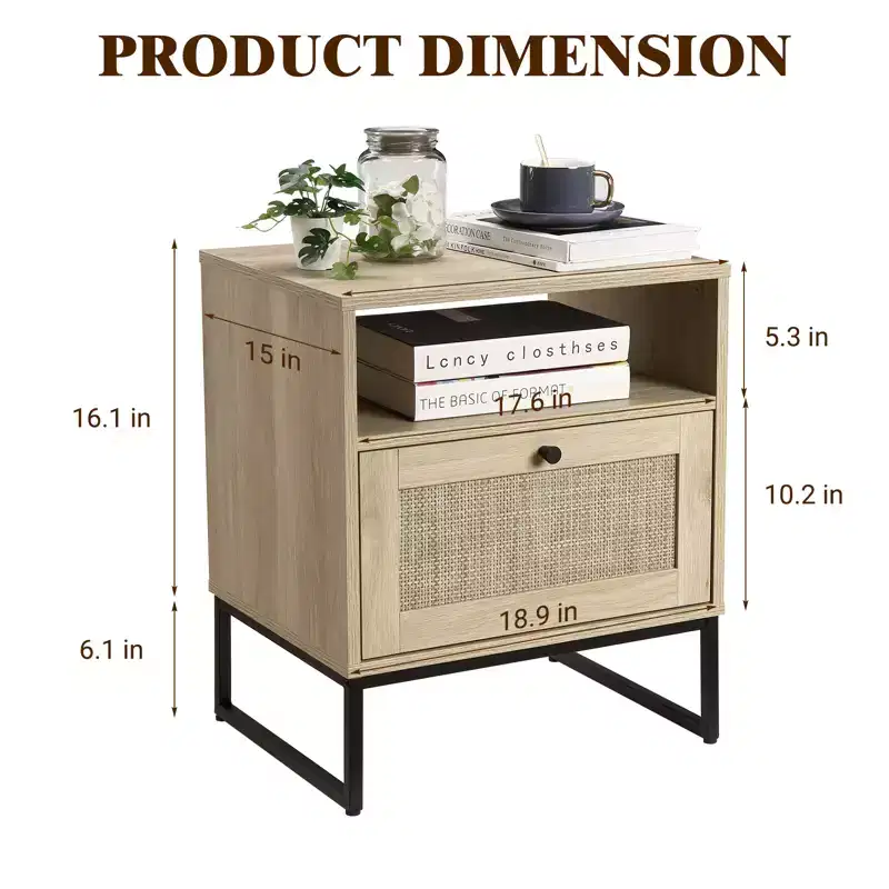 1 Light Oak Color and Black Flip-Down Door Side Table Rattan Series with Rattan Table Feature