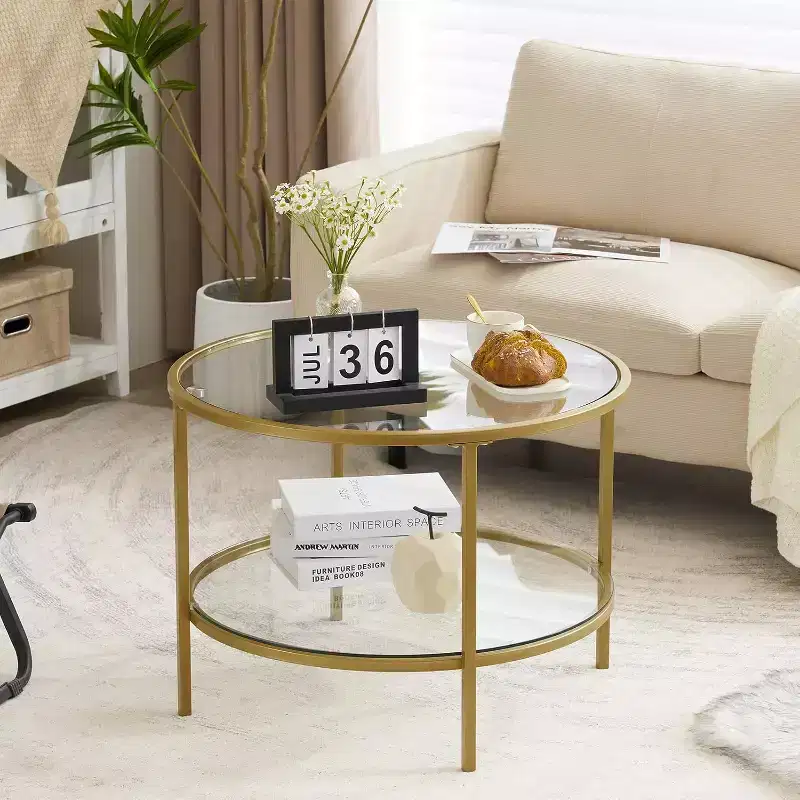 VINGLI 25.6 Round Champagne Gold Coffee Tables, 2-Tier Glass Coffee Table with Storage, Simple & Modern Center Table for Living Room