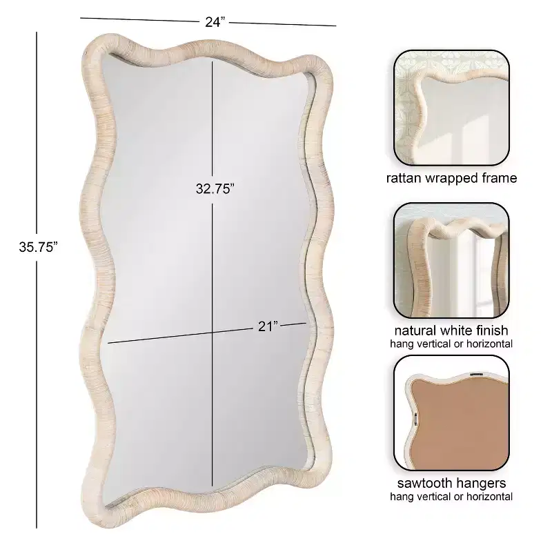 Kate and Laurel Rahfy Rattan Rectangle Scallop Mirror, White, 24x36