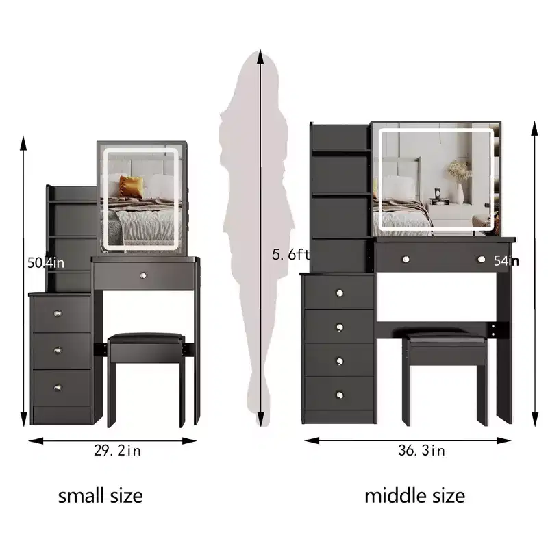 Okak Vanity Table with Drawers and Adjust LED Mirror, 29.2 Left-Side Bedside Vanity Desk with Cushioned Stool and Tri-color Switching, Black