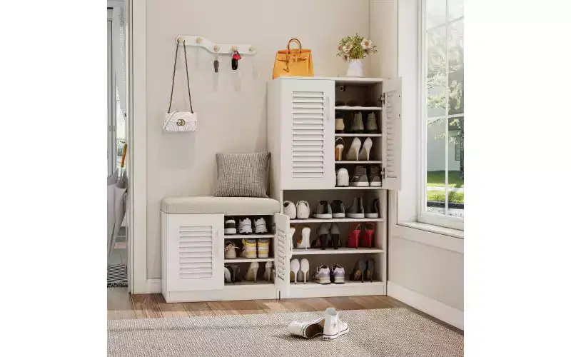 JVNOXK 47-inch Multi-Function Adjustable Shelf Shoe Cabinet with Storage Compartment and Padded Shoe Bench, Suitable for Entryway, White