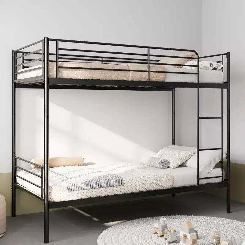 Twin Size Heavy Duty Metal Bunk Bed with Ladders & High Guardrail – Contemporary Bed Frame for Bedroom