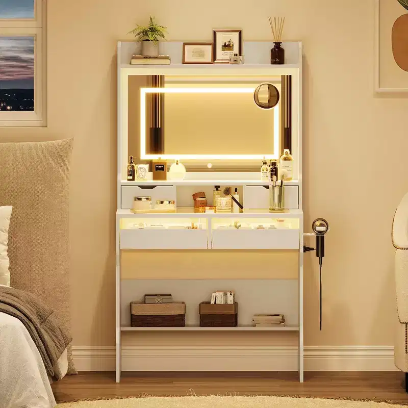 White Wood Dresser with LED Mirror, Power Outlet & 3 Lighting Modes, 4 Storage Drawers for Bedroom