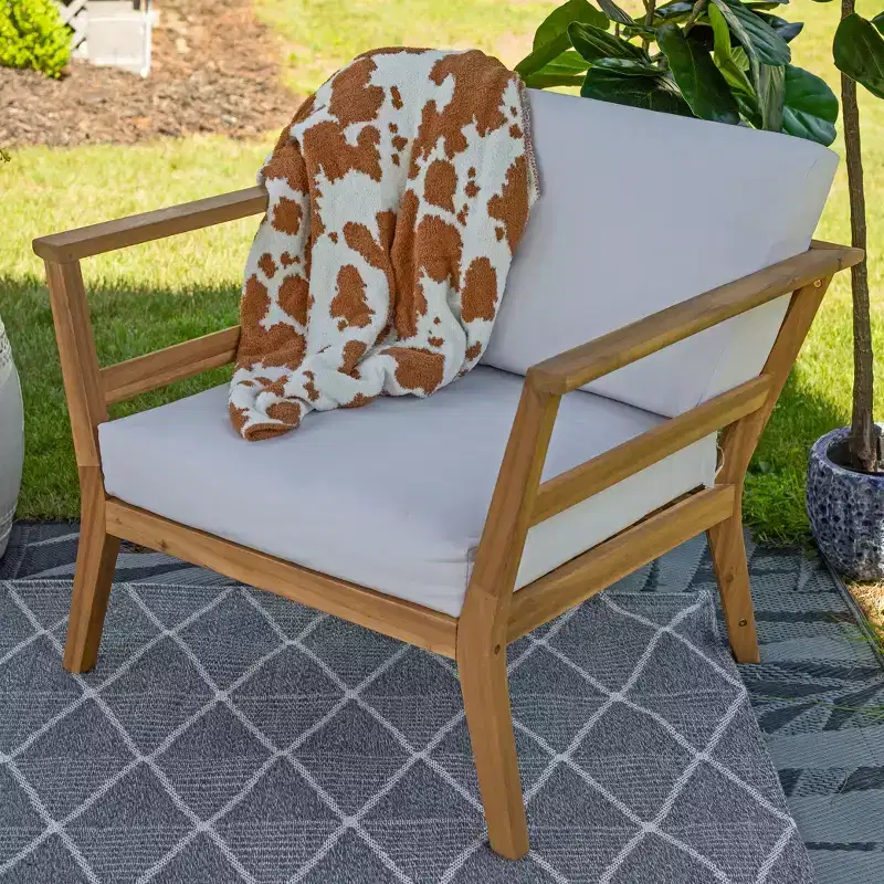 Sunnydaze Bodie Acacia Wood Patio Armchair with Bone White Cushions - Natural