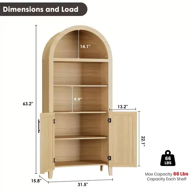 63.2 Arched Bookcase with Doors - 5 Tier Open Display Shelf with Rattan Decor, Modern Bookshelf Storage Cabinet for Home Office Living Room Library
