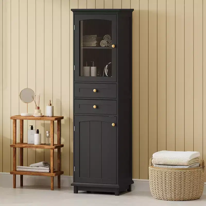 Whisen 63 in. Tall Bathroom Storage Cabinet with Glass Doors, Two Drawers and Adjustable Shelves